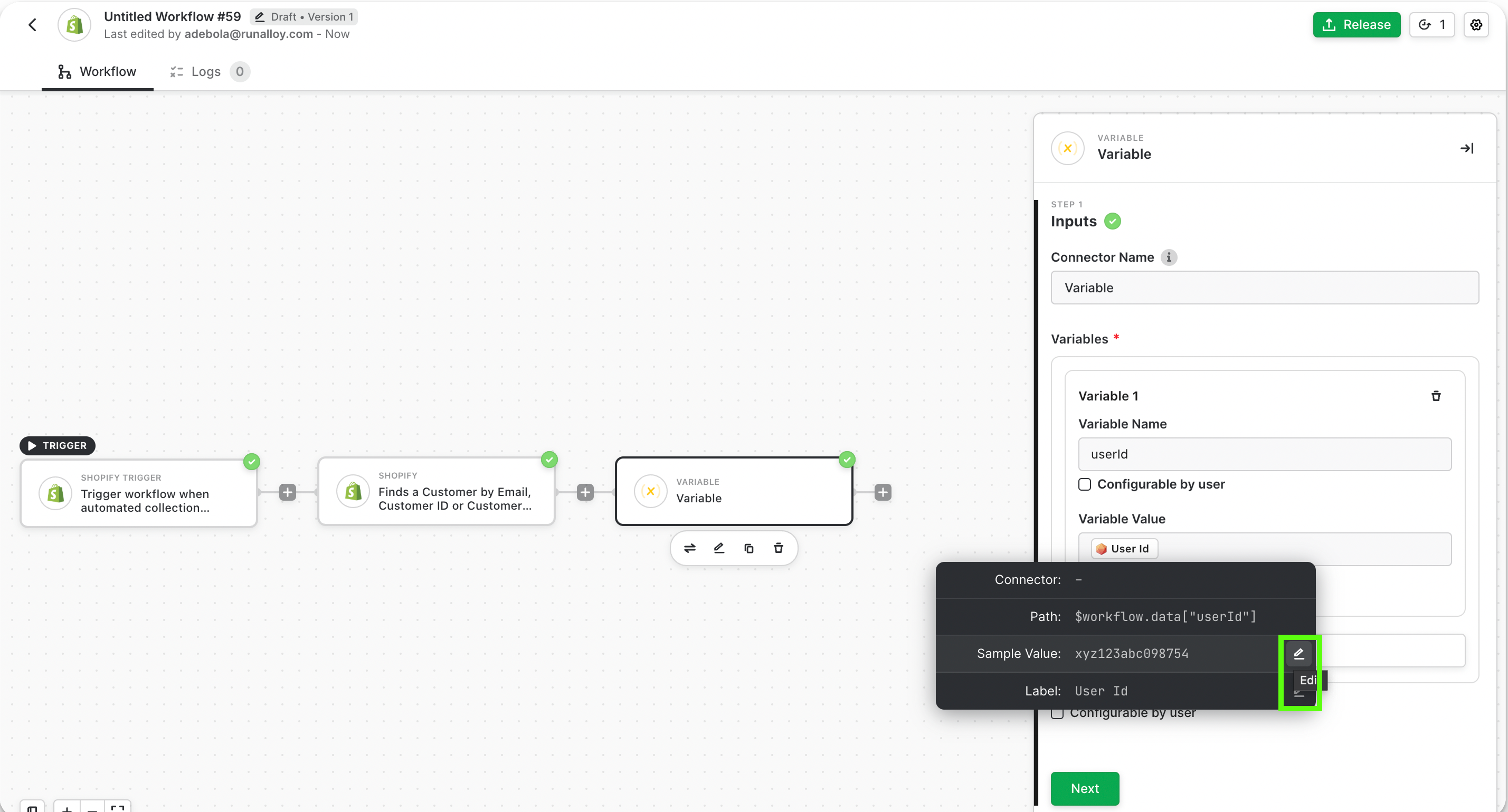 Editing variables in the workflow canvas
